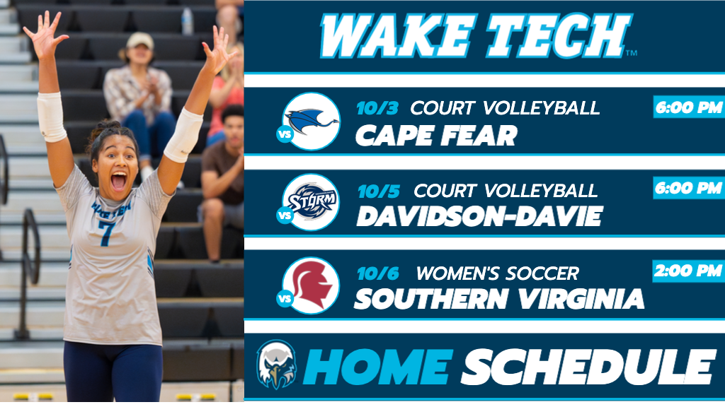 Wake Tech volleyball player celebrates a point and weekly home schedule highlighted in text in article.