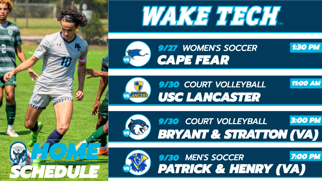 Men's soccer player picture with Wake Tech's four home games featured in article text.