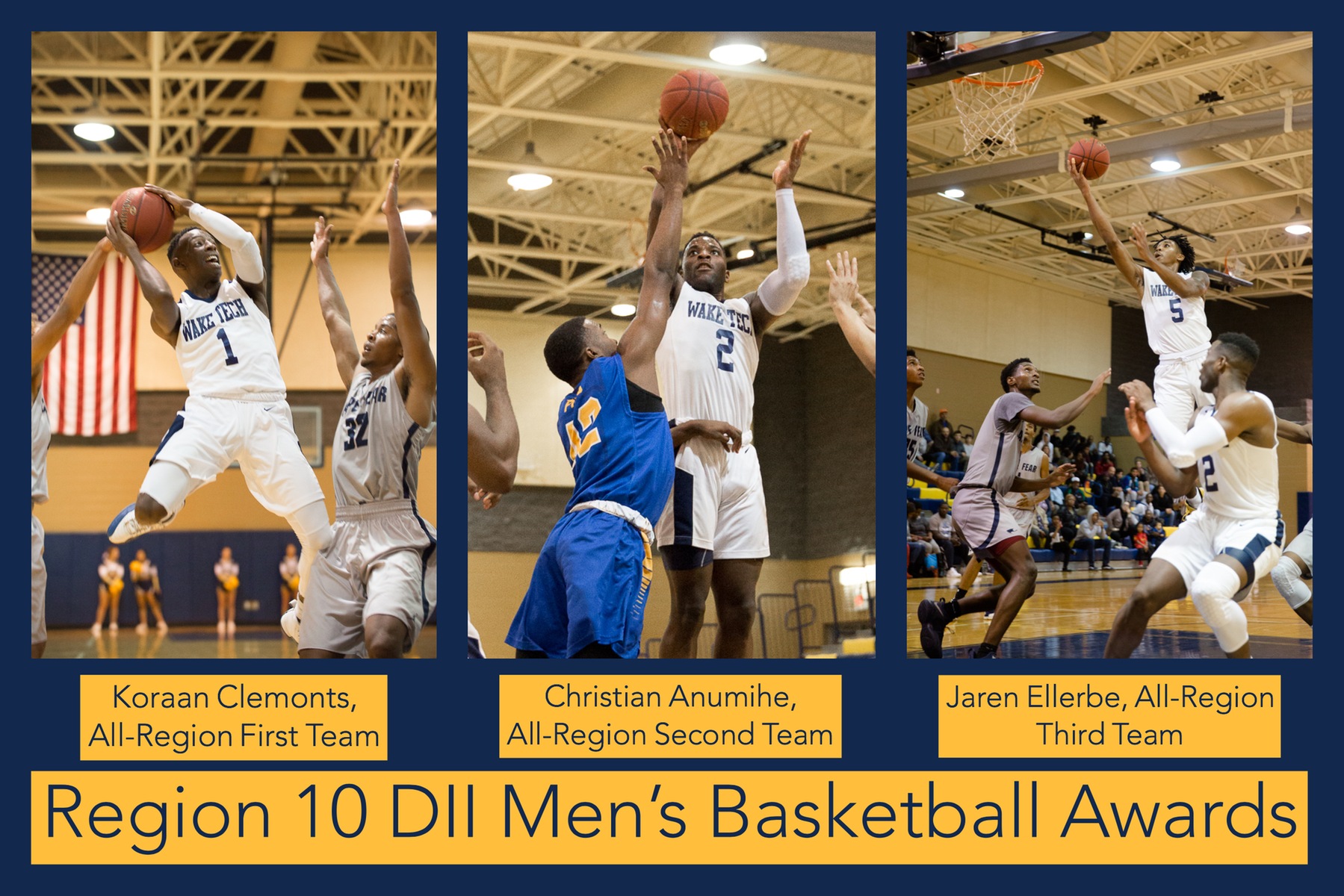 Wake Tech Athletics would like to congratulate three members of the men's basketball team for their outstanding play during the 2018-2019 Region X season.