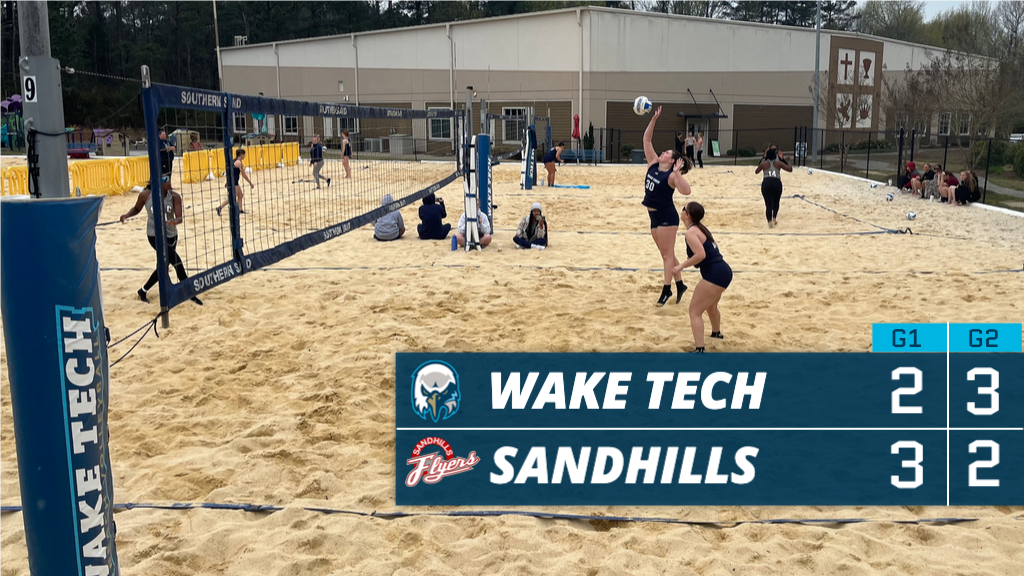 Wake Tech Beach Volleyball at Southern Sand Volleyball wins 3-2 in game 1 and falls in game one 2-3.