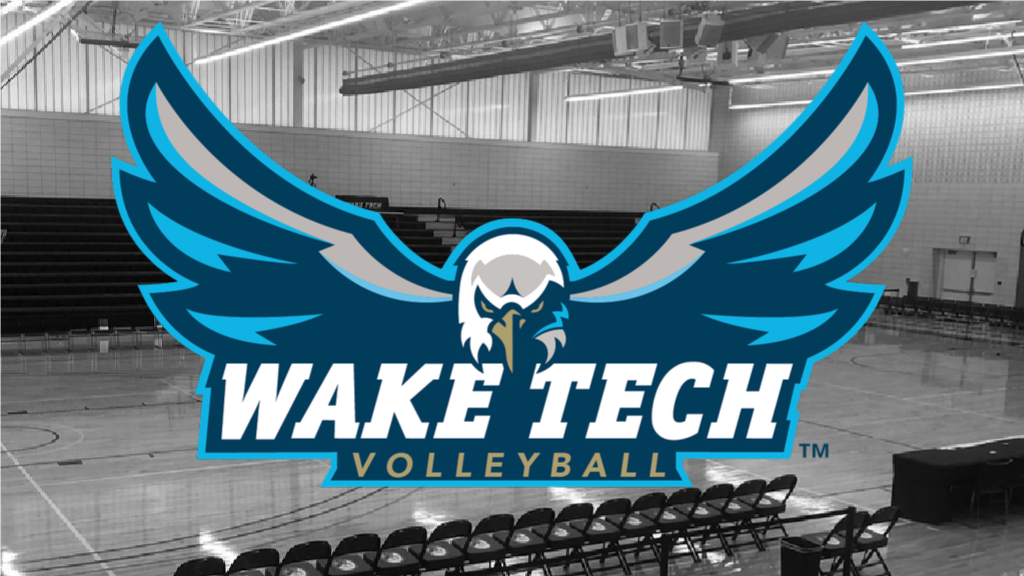 Wake Tech gym in background with volleyball logo